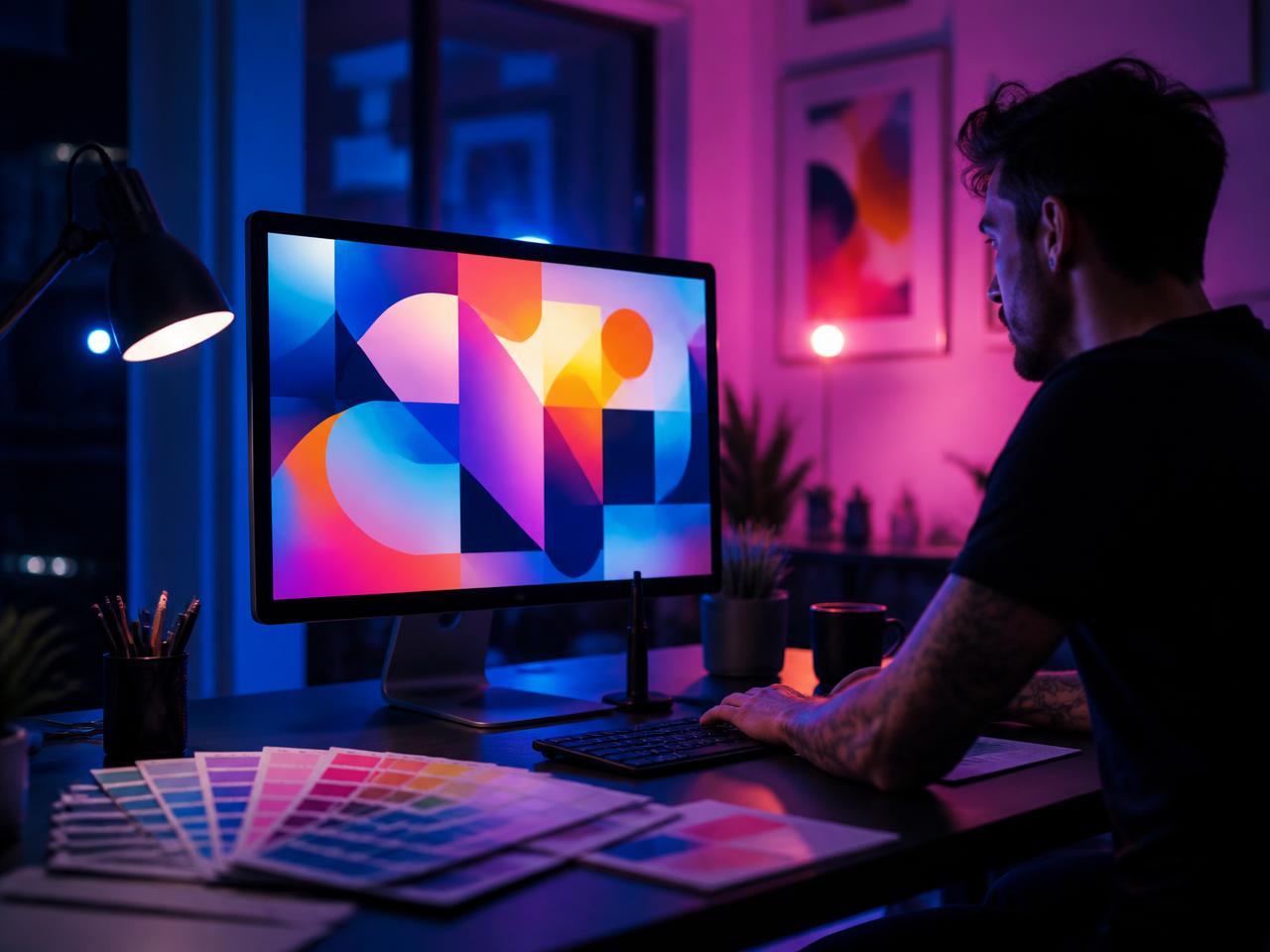 Designer working on colourful artwork in a studio at night