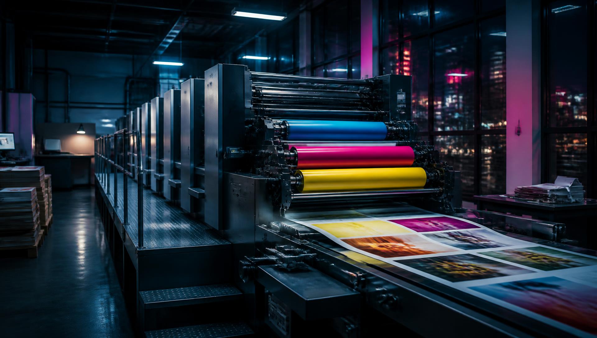 Commercial printing press running full-colour sheets