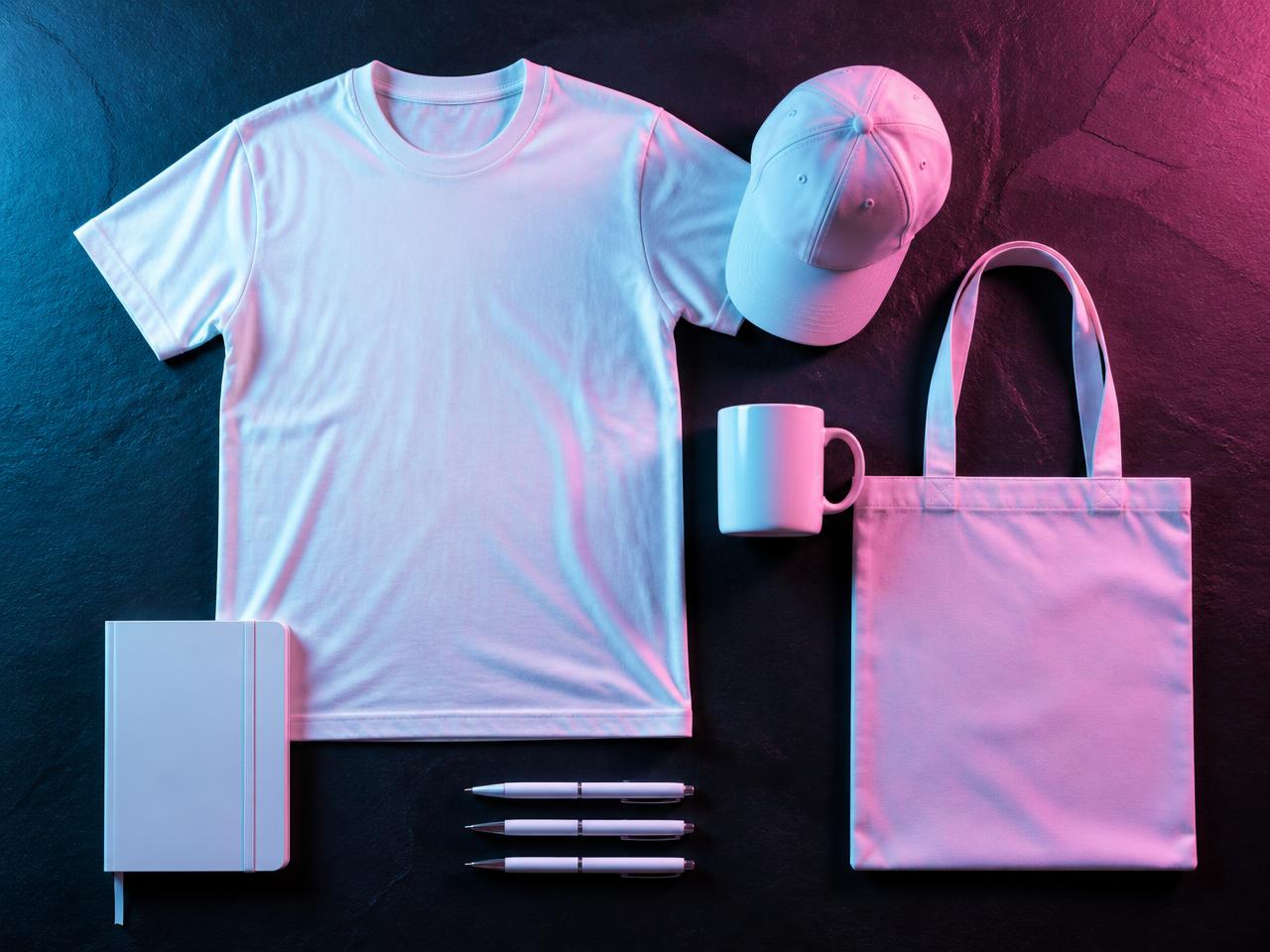 Blank branded t-shirt, cap, mug and tote bag on a dark surface