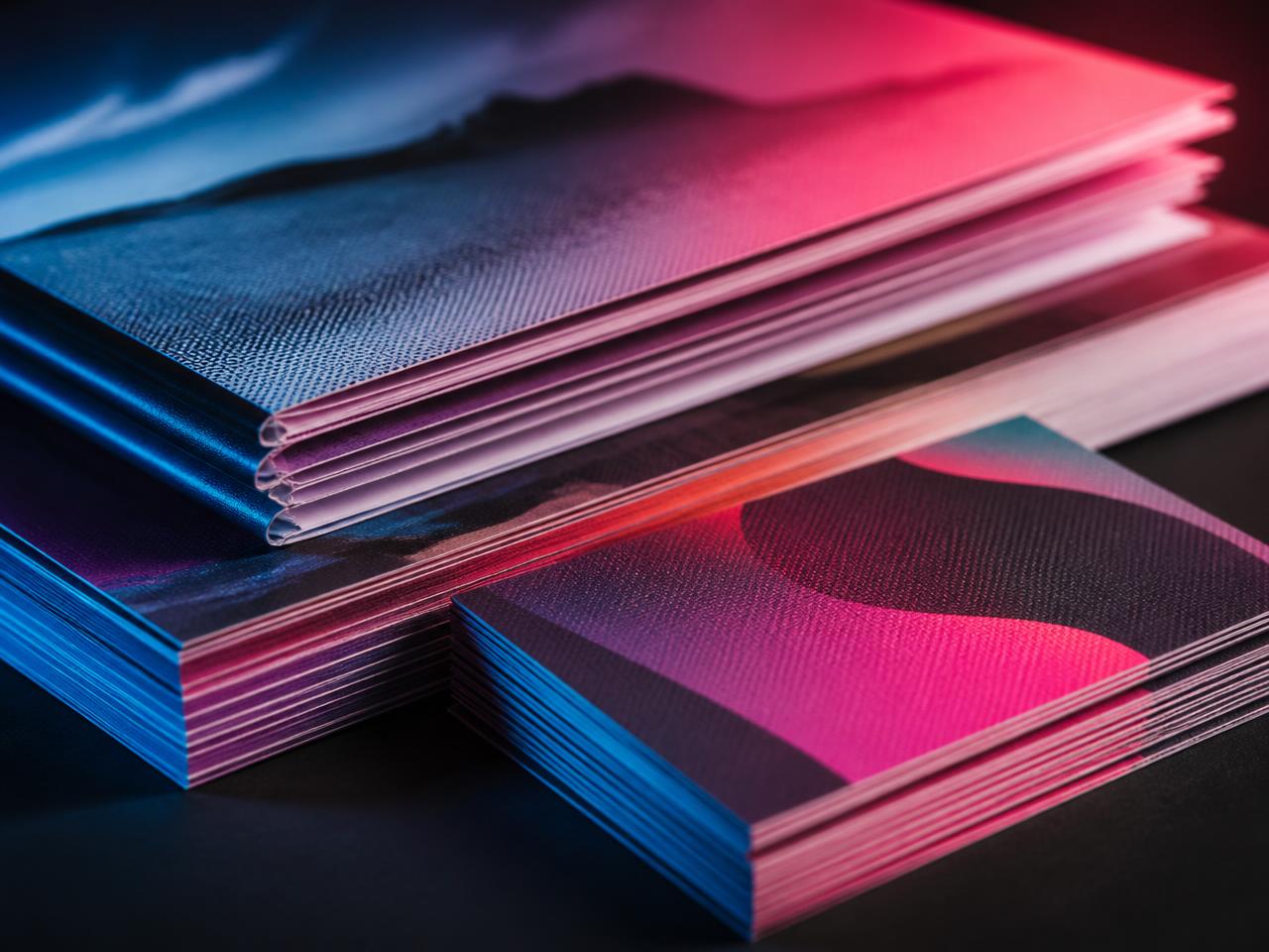 Stacked freshly printed brochures with rich colour edges