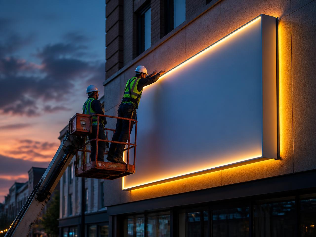 Illuminated signage being installed